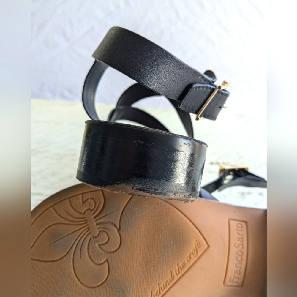 Franco Sarto Ina Black Strappy Leather Sandals with Brown Footbed 8.5 - Picture 13 of 14